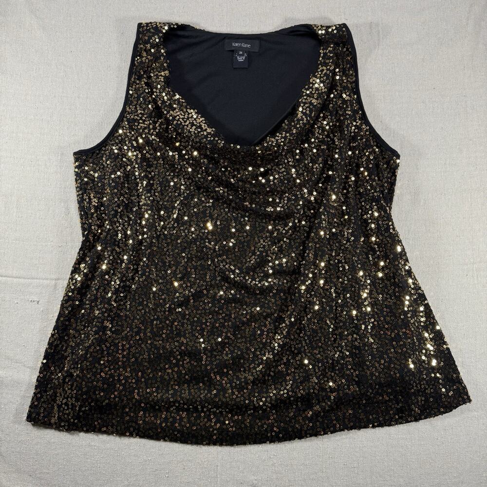 Karen Kane Plus Size 2X Black Gold Sequin Cowl Neck Sleeveless Top Party Holiday
